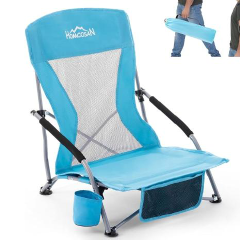 Homcosan Low Folding Beach Chairs for Adults,Portable Lightweight Sling Chair with Cup Holder Mesh Back Folding Chair with Carry Bag for Outdoor Lawn Camping Concert Travel (Blue)
