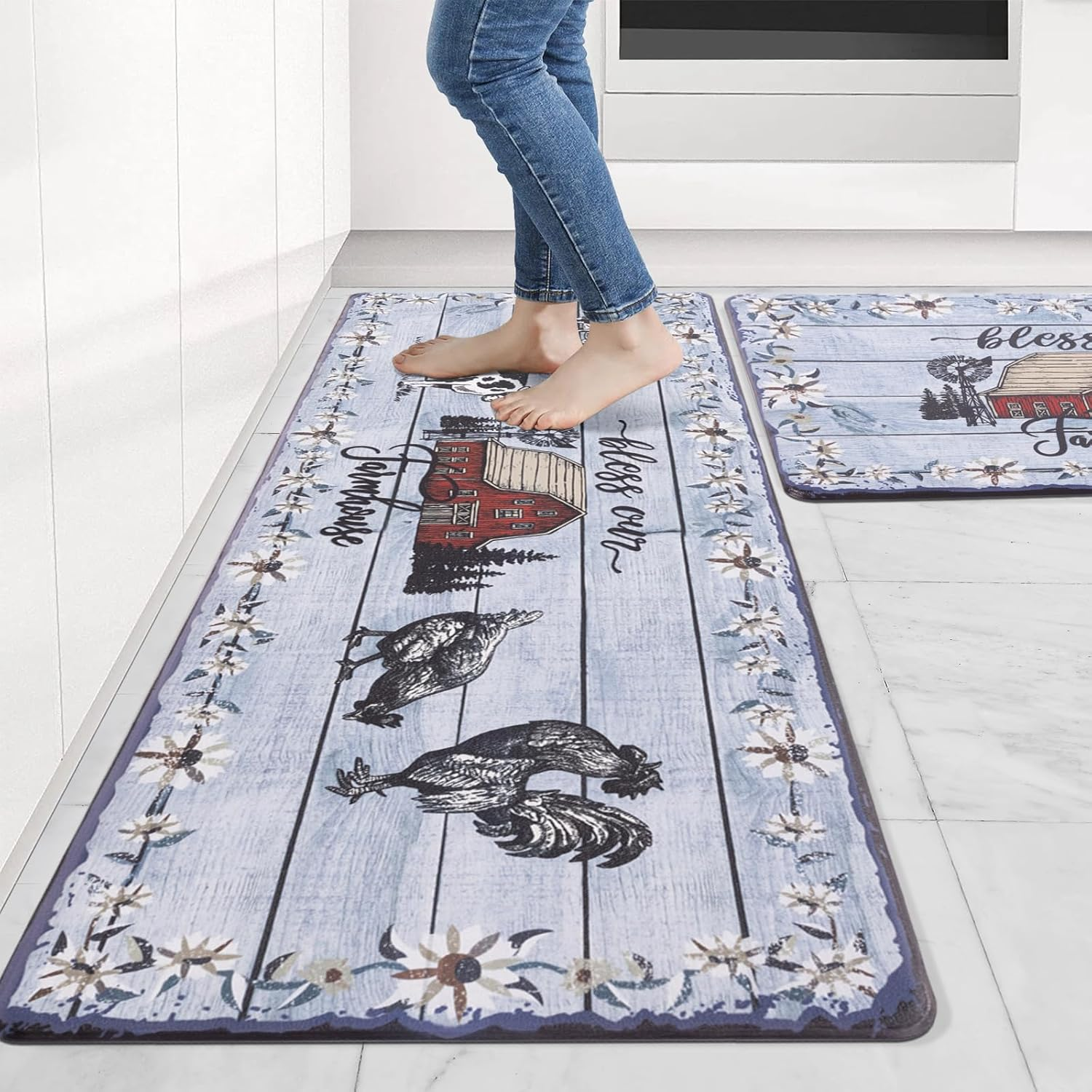 Kitchen Floor Mats 2Pcs, Anti Fatigue Kitchen Rugs and Mats Farmhouse Floral Farmhouse Non-Skid Cushioned Floor Comfort Mat for Kitchen, Doorway, Sink, Laundry, 17"x27"+17"x47"