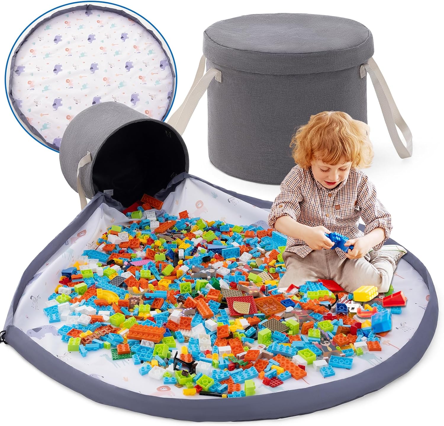 Portable Toy Storage Basket & Play Mat with Pocket Label - 9.3 Gallon Toy Organizer - Leather Handles, 60" Playmat - Toy Bag for Boys & Girls, Playroom