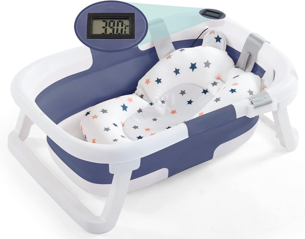 Baby BathTub, 4-in-1 Newborn to Toddler Tub with Temperature Sensor,Infant Waterproof Ear Cap and Soft Cushion included