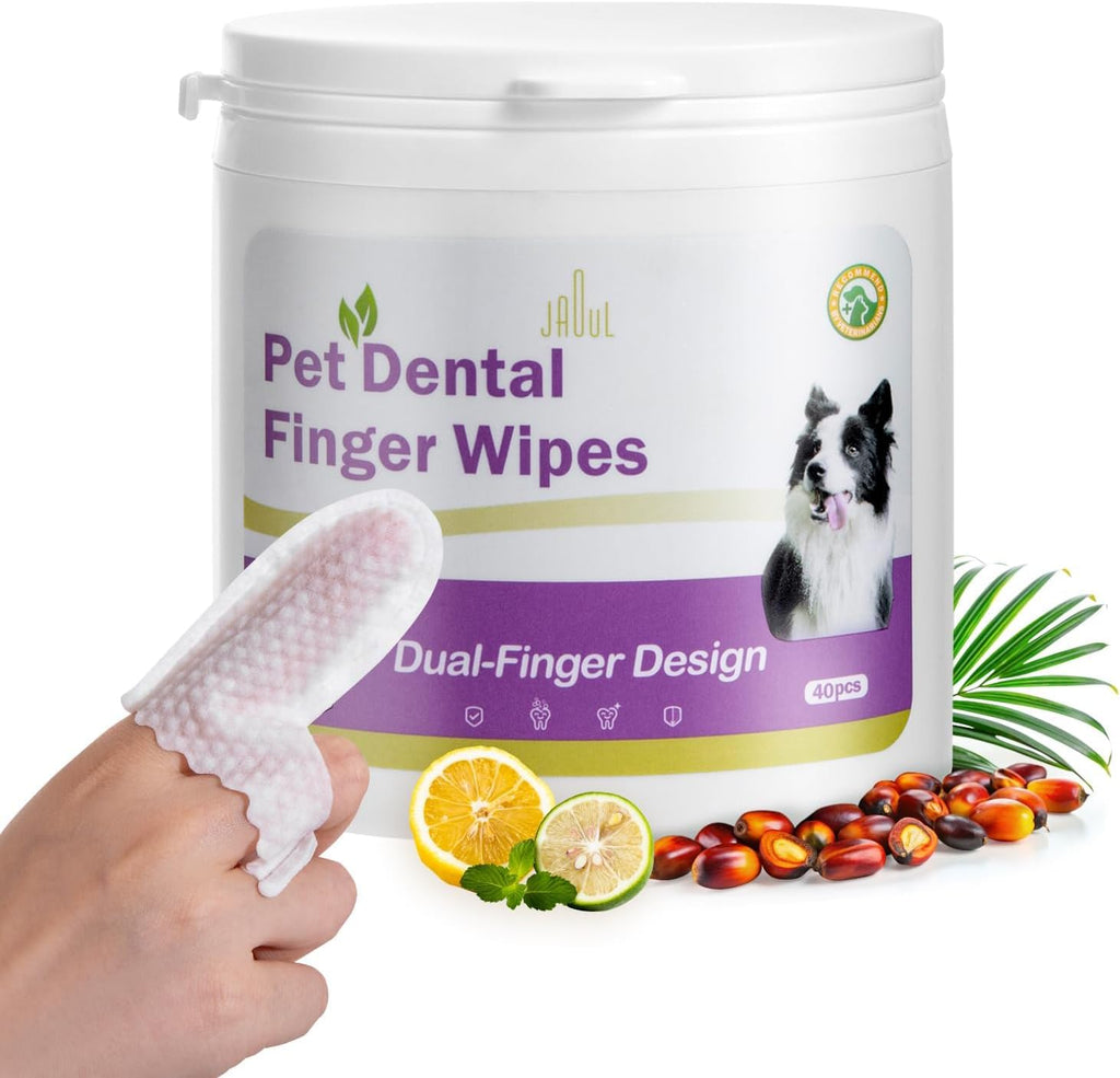 Dog Teeth Cleaning Wipes - Non-Slip, Dual Finger Design - Fresh Breath, Plaque & Tartar Removal - Gentle Double-Sided Disposable Dog Dental Wipes, 40 Counts
