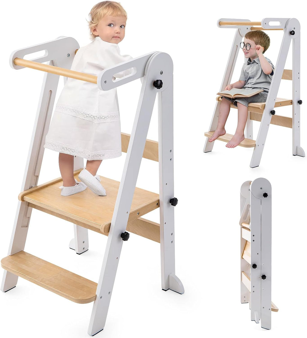 Foldable Toddler Tower - Kitchen Step Stool Helper for Kids 1-6 Years, Montessori Toddler Standing Tower with 3 Adjustable Height for Kitchen Counter Bathroom