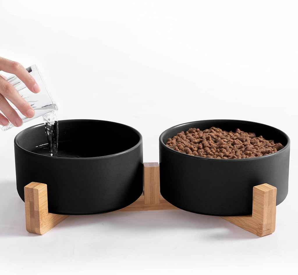 Dog Bowls, Cats Ceramic Food and Water Bowls Set, 3.5 Cups X 2, Indoors White Pet Bowls with Wood Stand