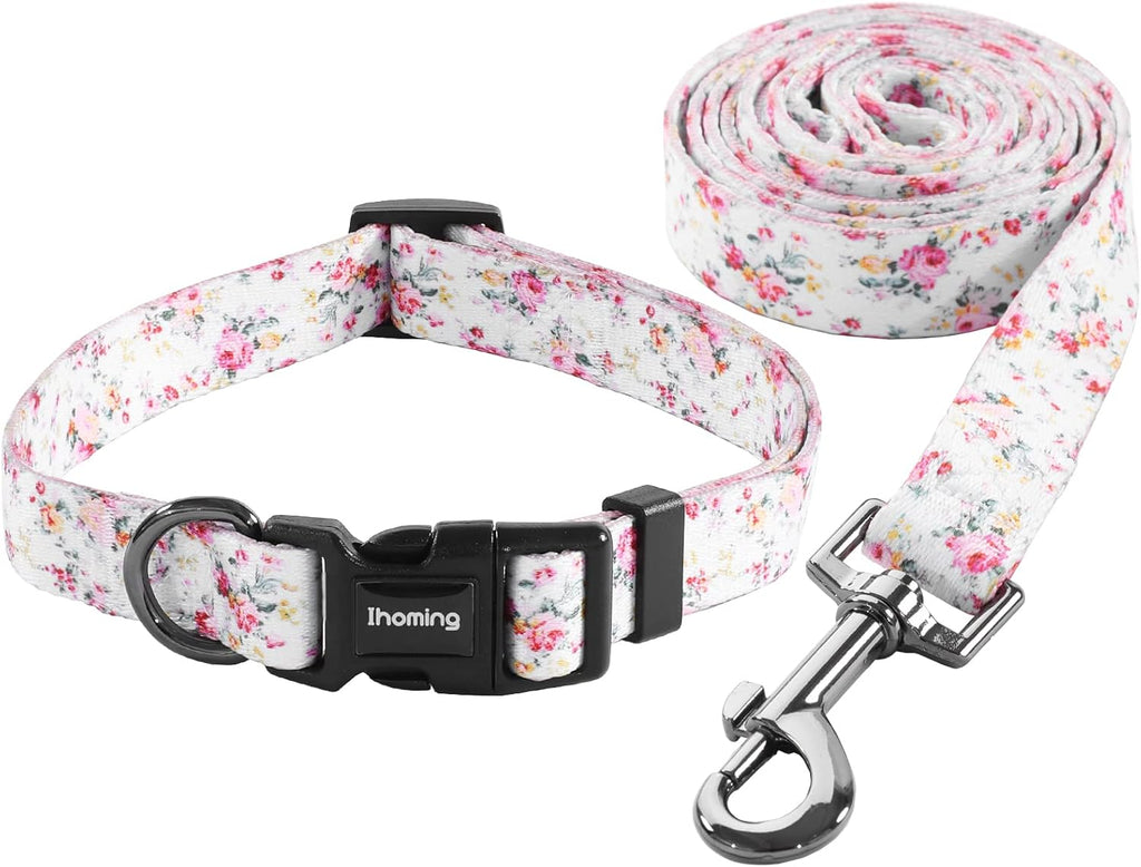 Dog Collar and Leash Set for Daily Outdoor Walking Running Training, Floral Spring Design for Medium Boys Girls Dogs Cats Pets, M-Up to 45LBS