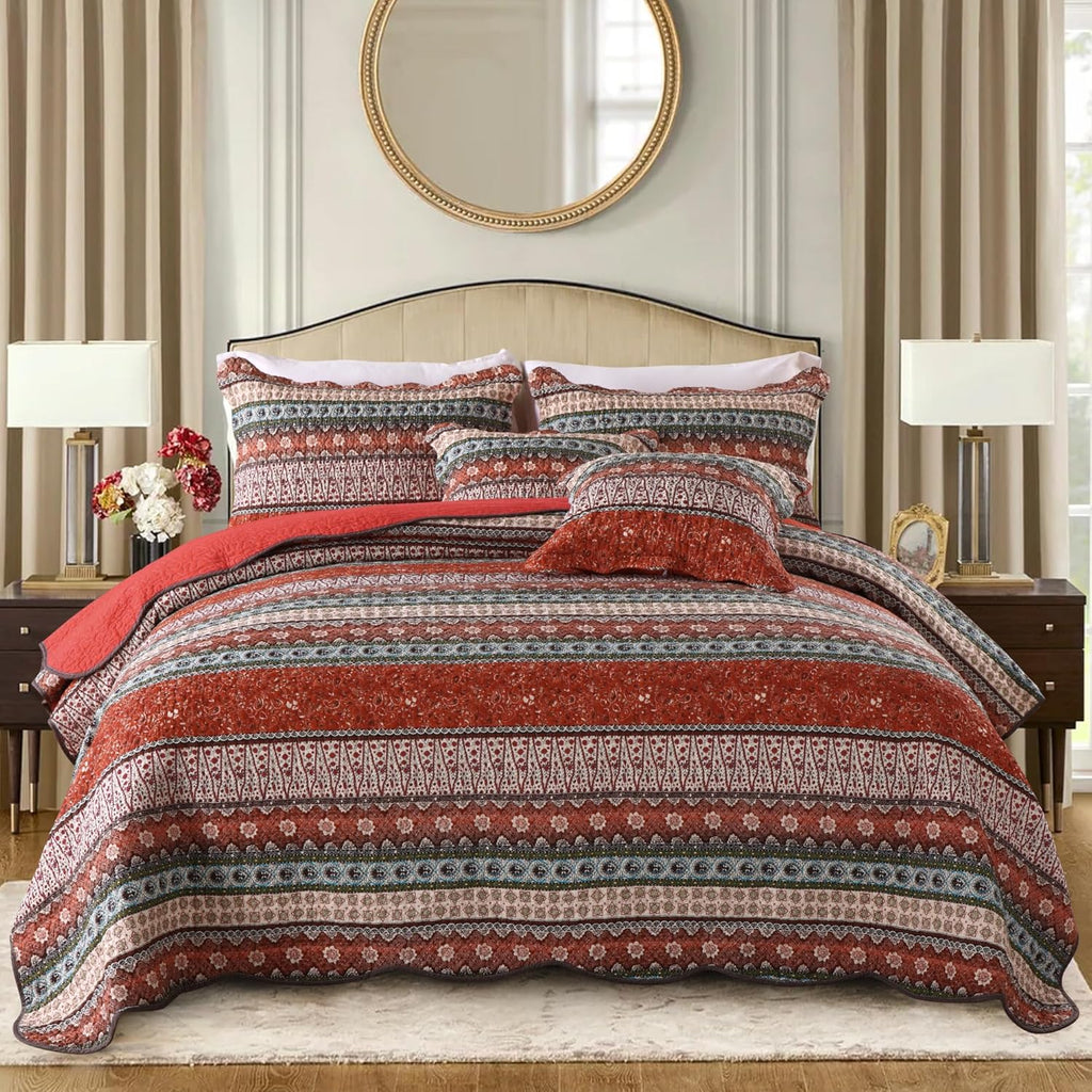 Cotton Bedspread Quilt Sets-Reversible Patchwork Coverlet Set, European Boho Striped Pattern