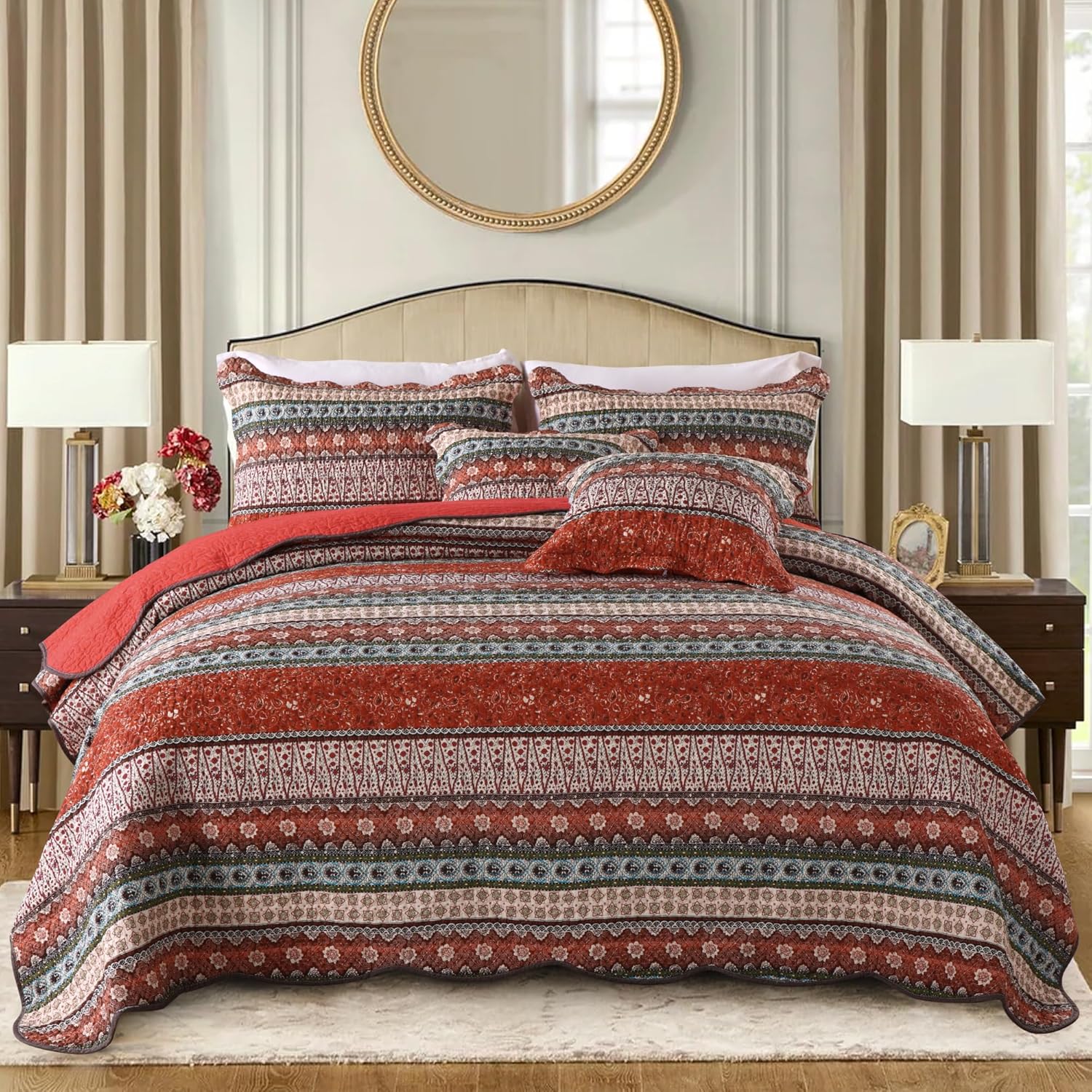 Cotton Bedspread Quilt Sets-Reversible Patchwork Coverlet Set, European Boho Striped Pattern