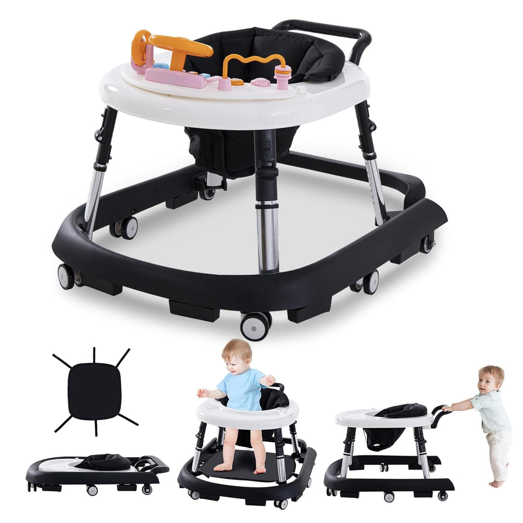 Baby Walker Foldable with Music and Lights,Portable Baby Walker with Wheels,9 Adjustable Heights,Removable Tray&Footrest, Speed Adjustable,Infant Toddler Walker for Baby Boy Girls 6-18 Months
