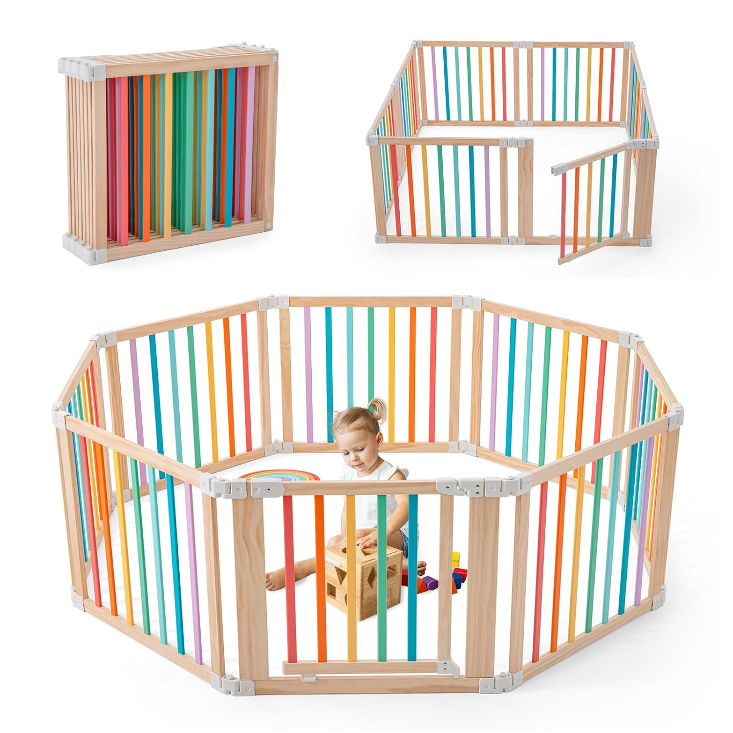 Baby Wooden Playpen, Foldable Shape & Size Adjustable Playpen for Toddler and Babies, Wood Baby Play Yard with Locking Gate, Large Pack and Play for Play Area Indoor(Multicolor, 6 Panel)