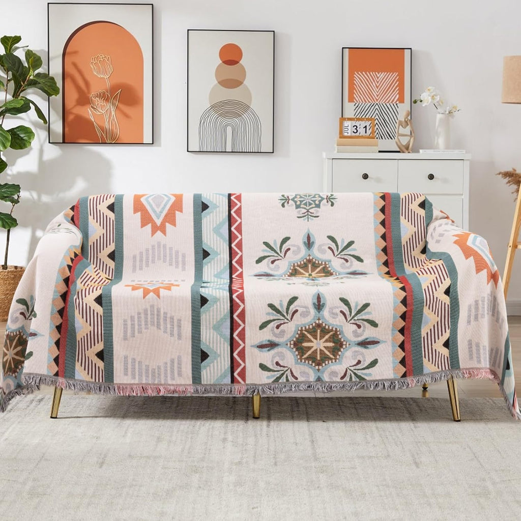 Reversible Geometrical Sectional Couch Cover Sofa Blanket for 3 Seat Boho Sofa Cover with Tassels Couch Protector for Pets
