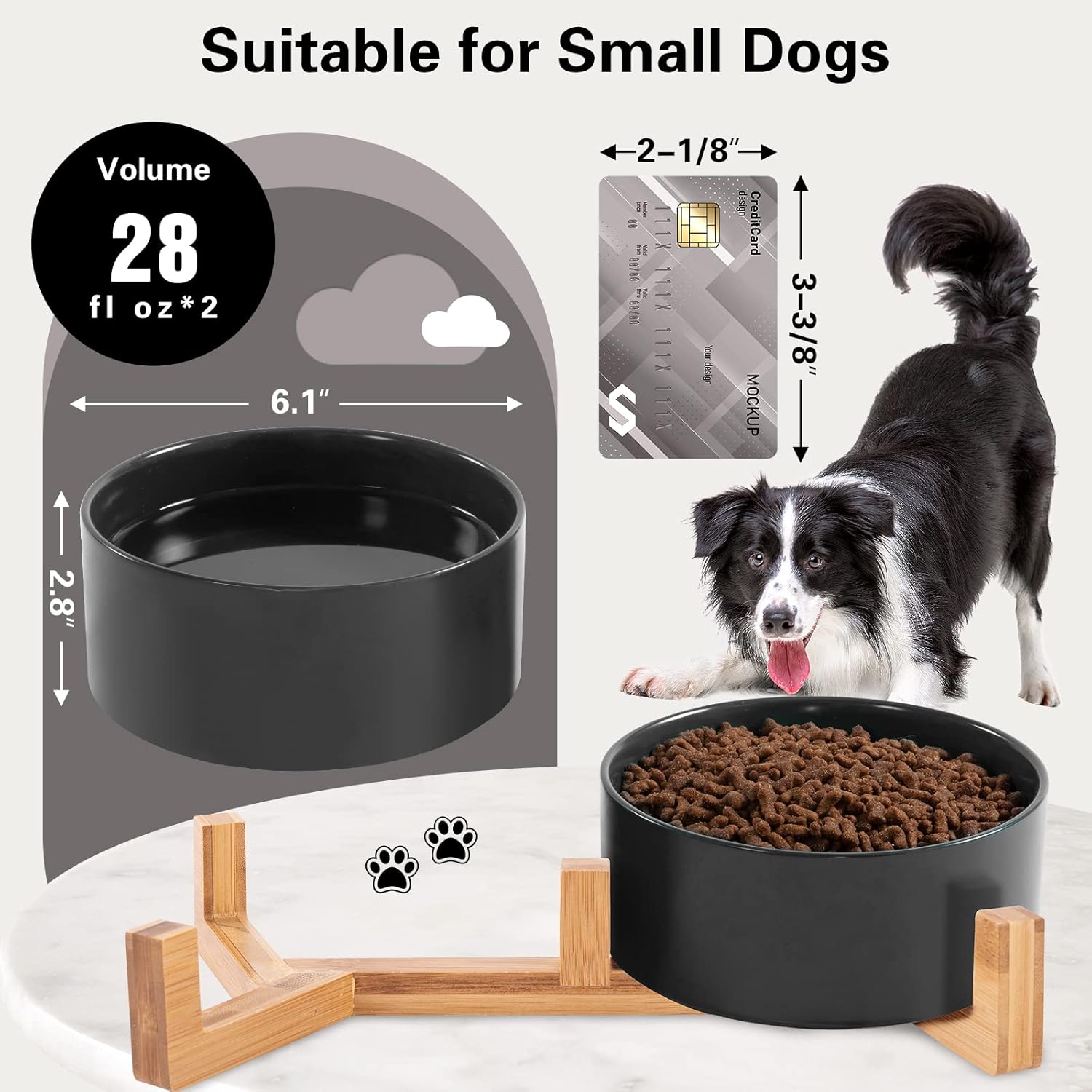 Dog Bowls, Cats Ceramic Food and Water Bowls Set, 3.5 Cups X 2, Indoors White Pet Bowls with Wood Stand