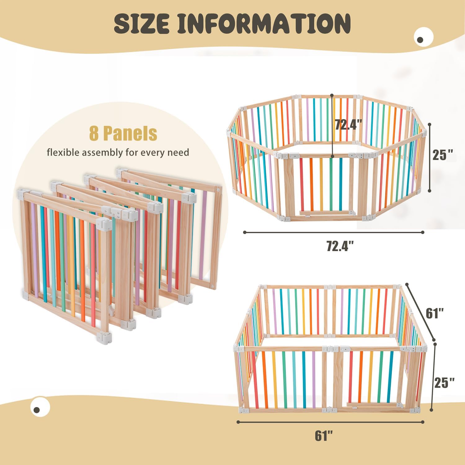 Baby Wooden Playpen, Foldable Shape & Size Adjustable Playpen for Toddler and Babies, Wood Baby Play Yard with Locking Gate, Large Pack and Play for Play Area Indoor(Multicolor, 6 Panel)