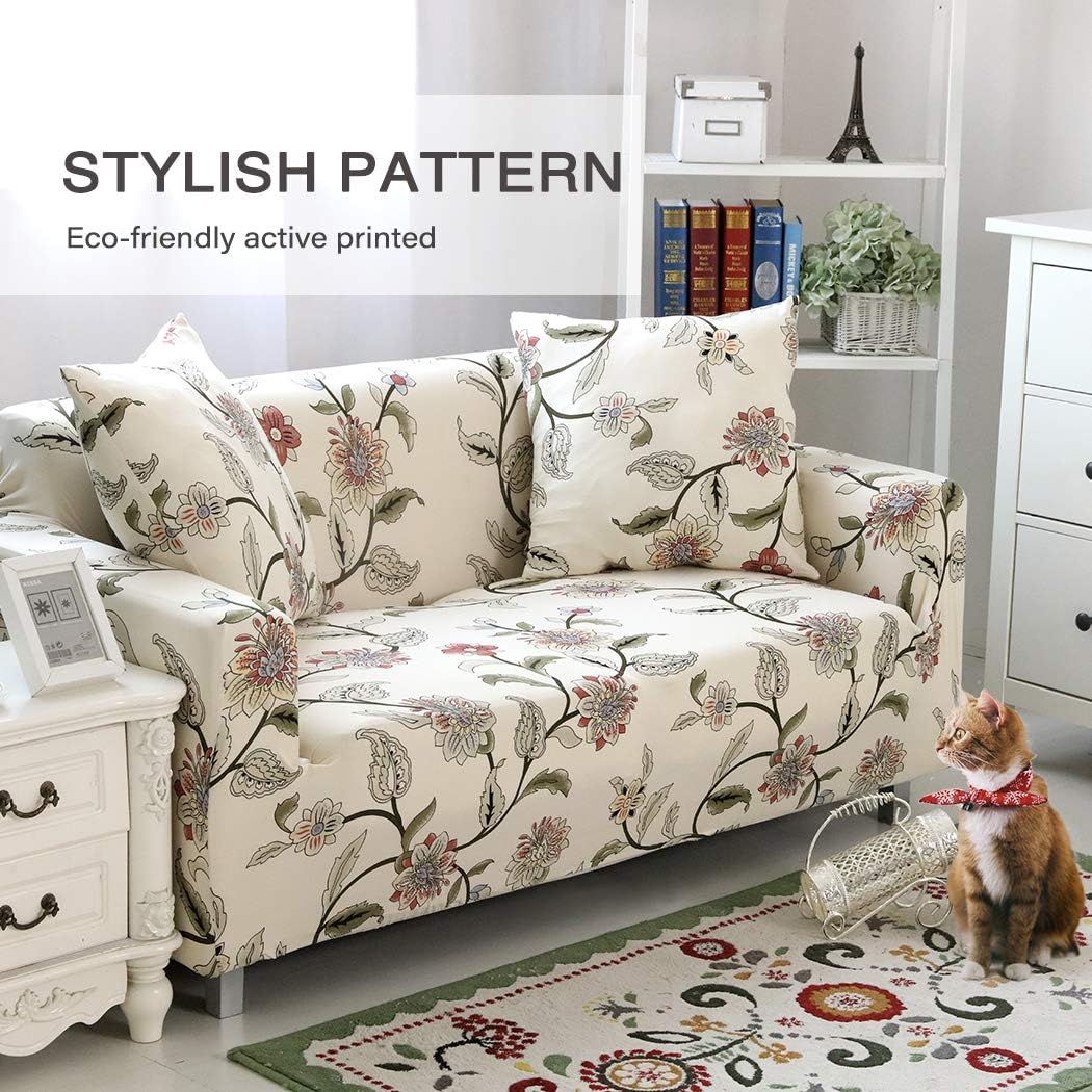 Printed Sofa Cover Stretch Couch Cover Sofa Slipcovers for 2 Cushion Couch with Two Pillow Cases (Loveseat, New Blooming Flower)