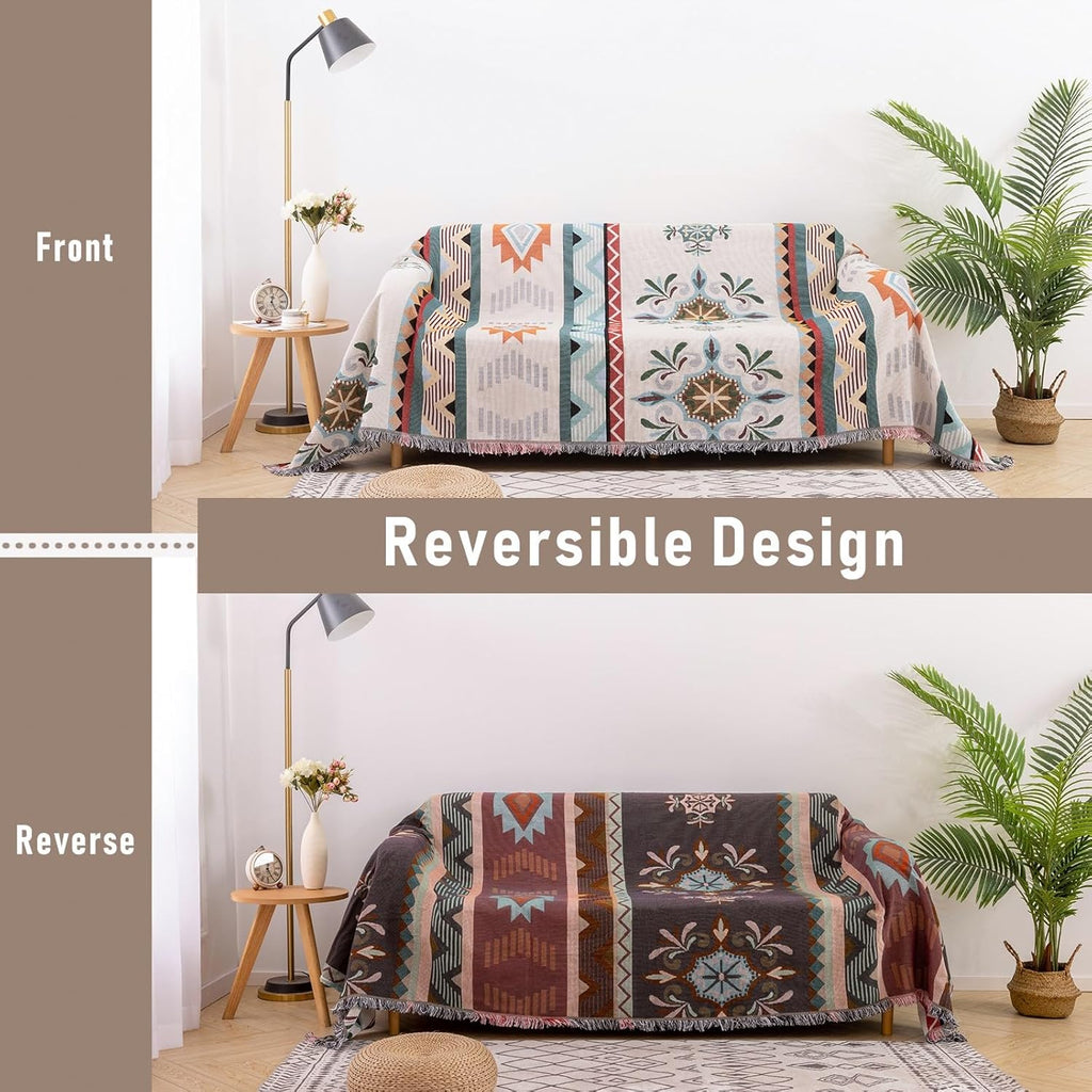 Reversible Geometrical Sectional Couch Cover Sofa Blanket for 3 Seat Boho Sofa Cover with Tassels Couch Protector for Pets