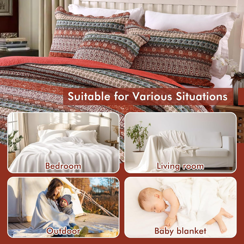 Cotton Bedspread Quilt Sets-Reversible Patchwork Coverlet Set, European Boho Striped Pattern