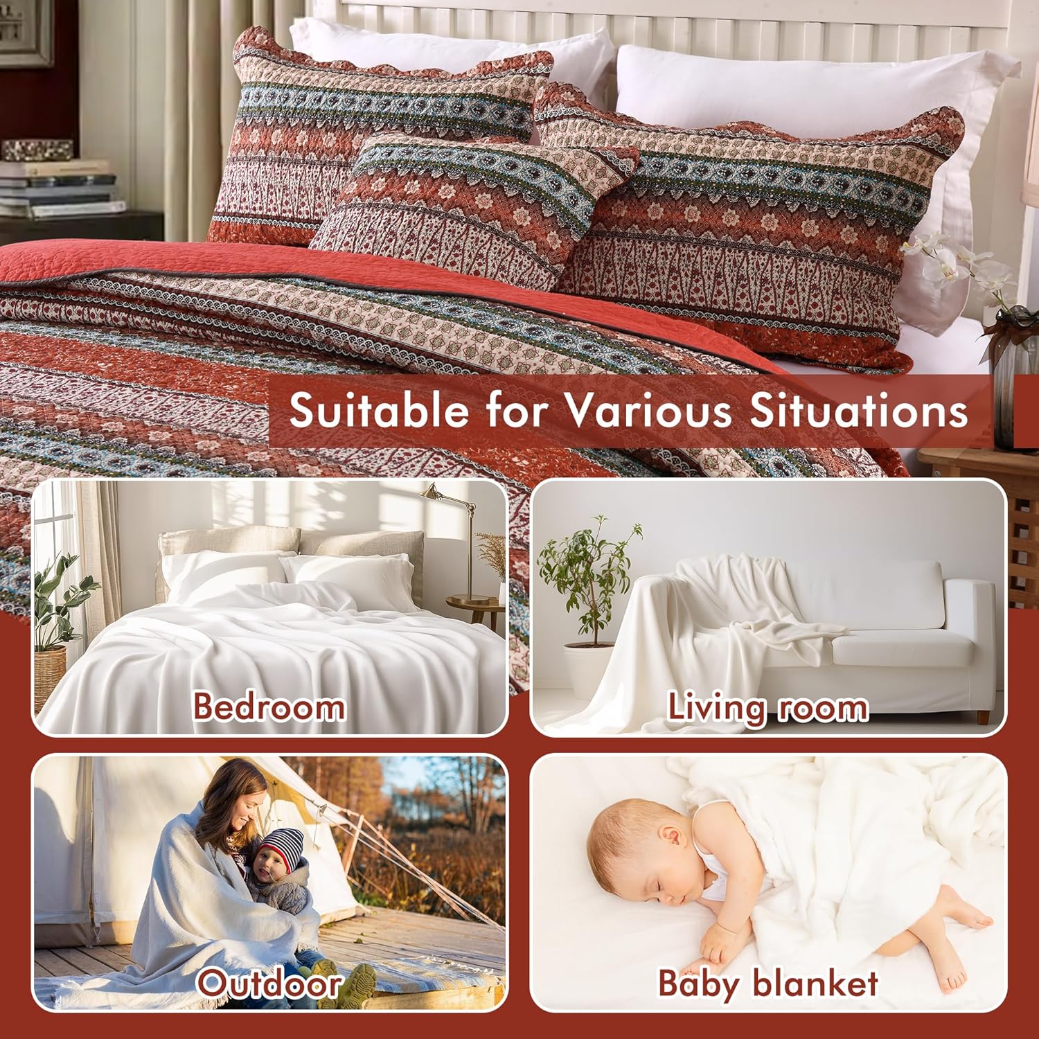 Cotton Bedspread Quilt Sets-Reversible Patchwork Coverlet Set, European Boho Striped Pattern