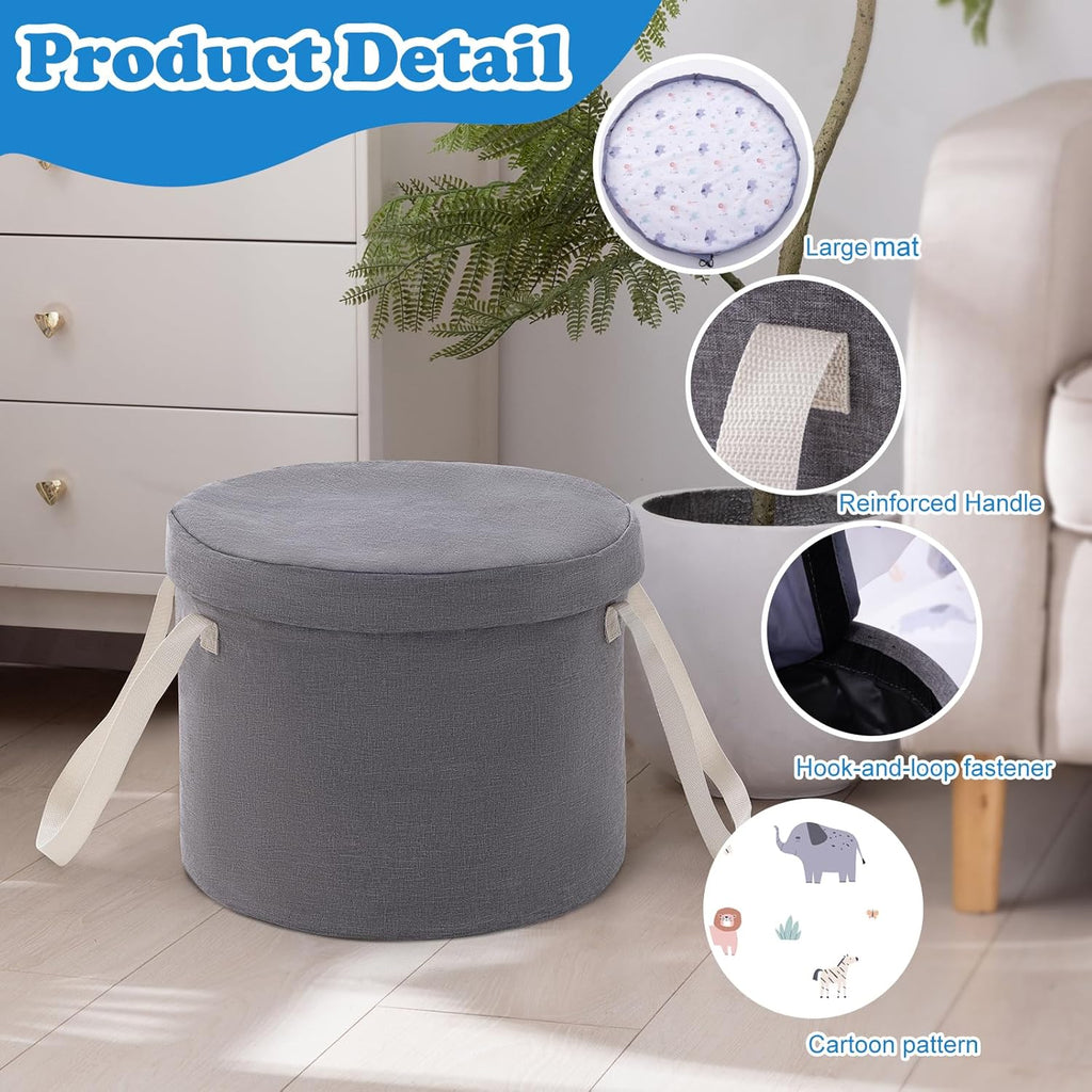 Portable Toy Storage Basket & Play Mat with Pocket Label - 9.3 Gallon Toy Organizer - Leather Handles, 60" Playmat - Toy Bag for Boys & Girls, Playroom