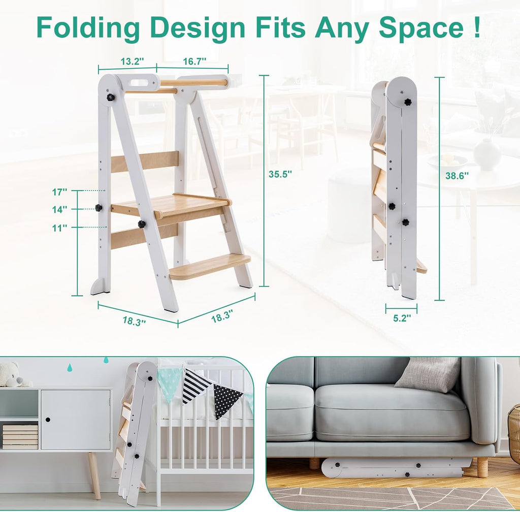 Foldable Toddler Tower - Kitchen Step Stool Helper for Kids 1-6 Years, Montessori Toddler Standing Tower with 3 Adjustable Height for Kitchen Counter Bathroom