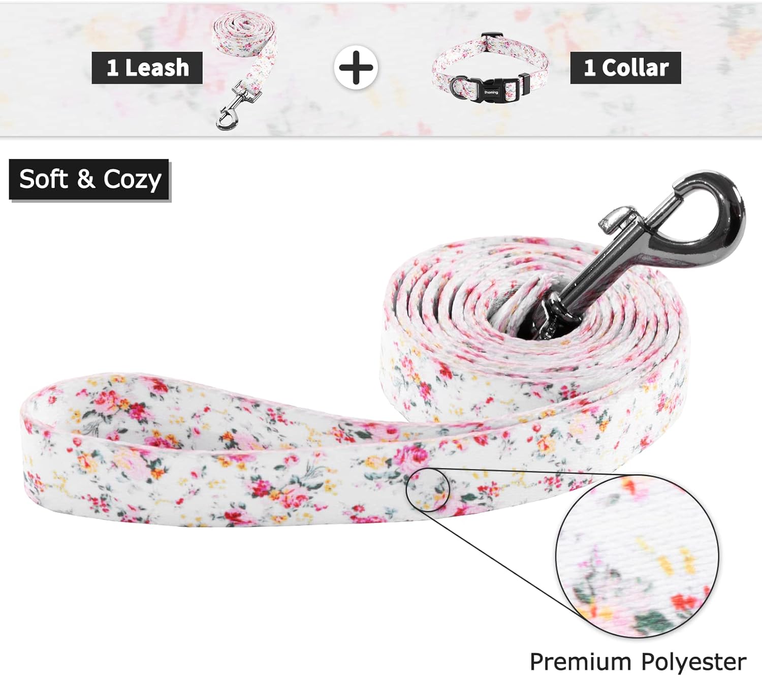 Dog Collar and Leash Set for Daily Outdoor Walking Running Training, Floral Spring Design for Medium Boys Girls Dogs Cats Pets, M-Up to 45LBS