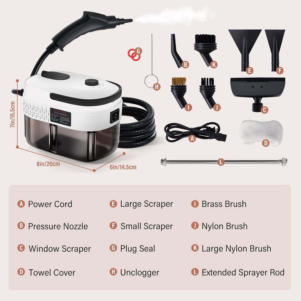 Handheld Pressurized Steam Cleaner with 12pcs Accessories, 1400ml 1.5 Quarts Tank, 3-Level Adjustable Portable Steamer, 15s Heat-Up Steam Cleaner for Home