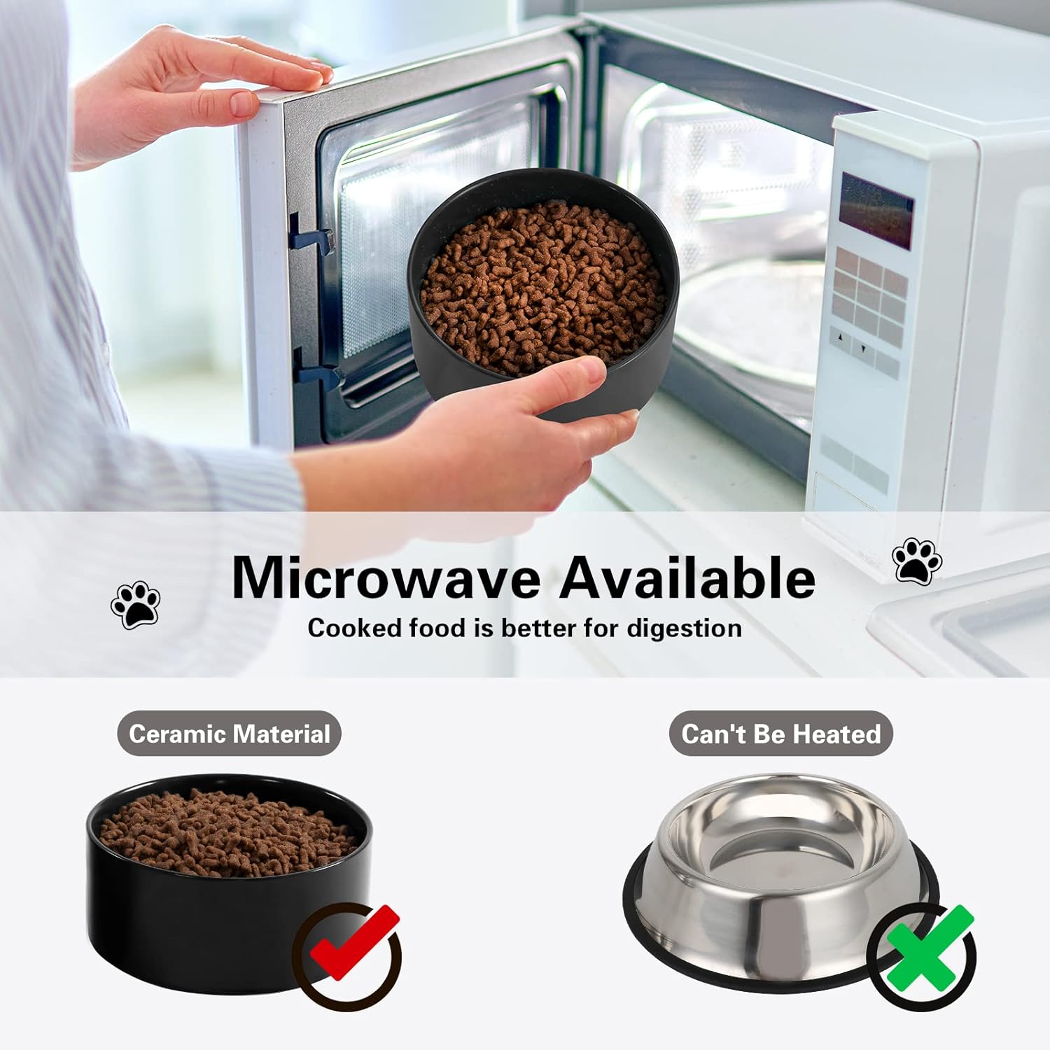 Dog Bowls, Cats Ceramic Food and Water Bowls Set, 3.5 Cups X 2, Indoors White Pet Bowls with Wood Stand