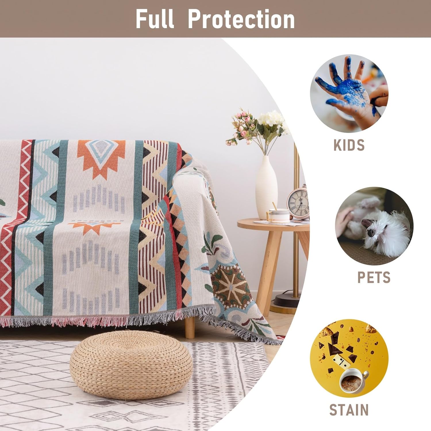 Reversible Geometrical Sectional Couch Cover Sofa Blanket for 3 Seat Boho Sofa Cover with Tassels Couch Protector for Pets