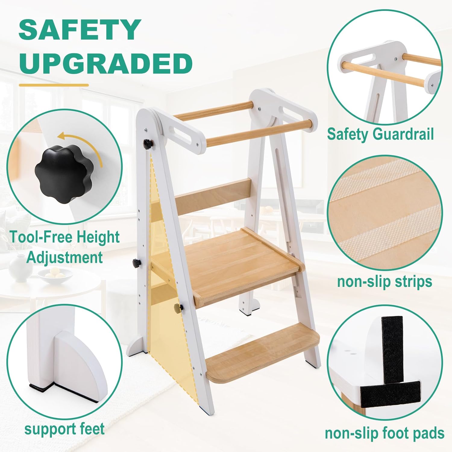 Foldable Toddler Tower - Kitchen Step Stool Helper for Kids 1-6 Years, Montessori Toddler Standing Tower with 3 Adjustable Height for Kitchen Counter Bathroom