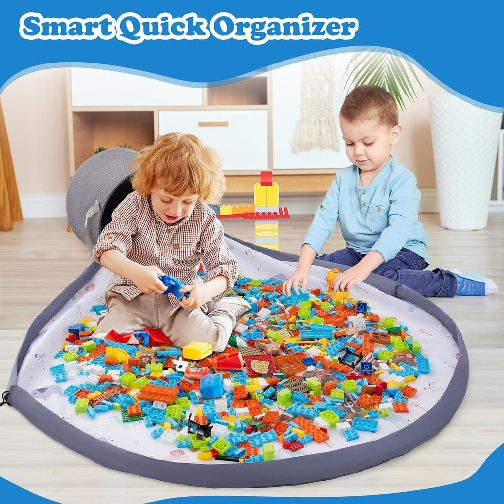 Portable Toy Storage Basket & Play Mat with Pocket Label - 9.3 Gallon Toy Organizer - Leather Handles, 60" Playmat - Toy Bag for Boys & Girls, Playroom