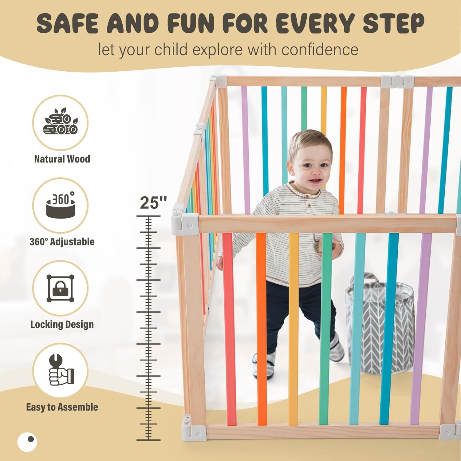 Baby Wooden Playpen, Foldable Shape & Size Adjustable Playpen for Toddler and Babies, Wood Baby Play Yard with Locking Gate, Large Pack and Play for Play Area Indoor(Multicolor, 6 Panel)