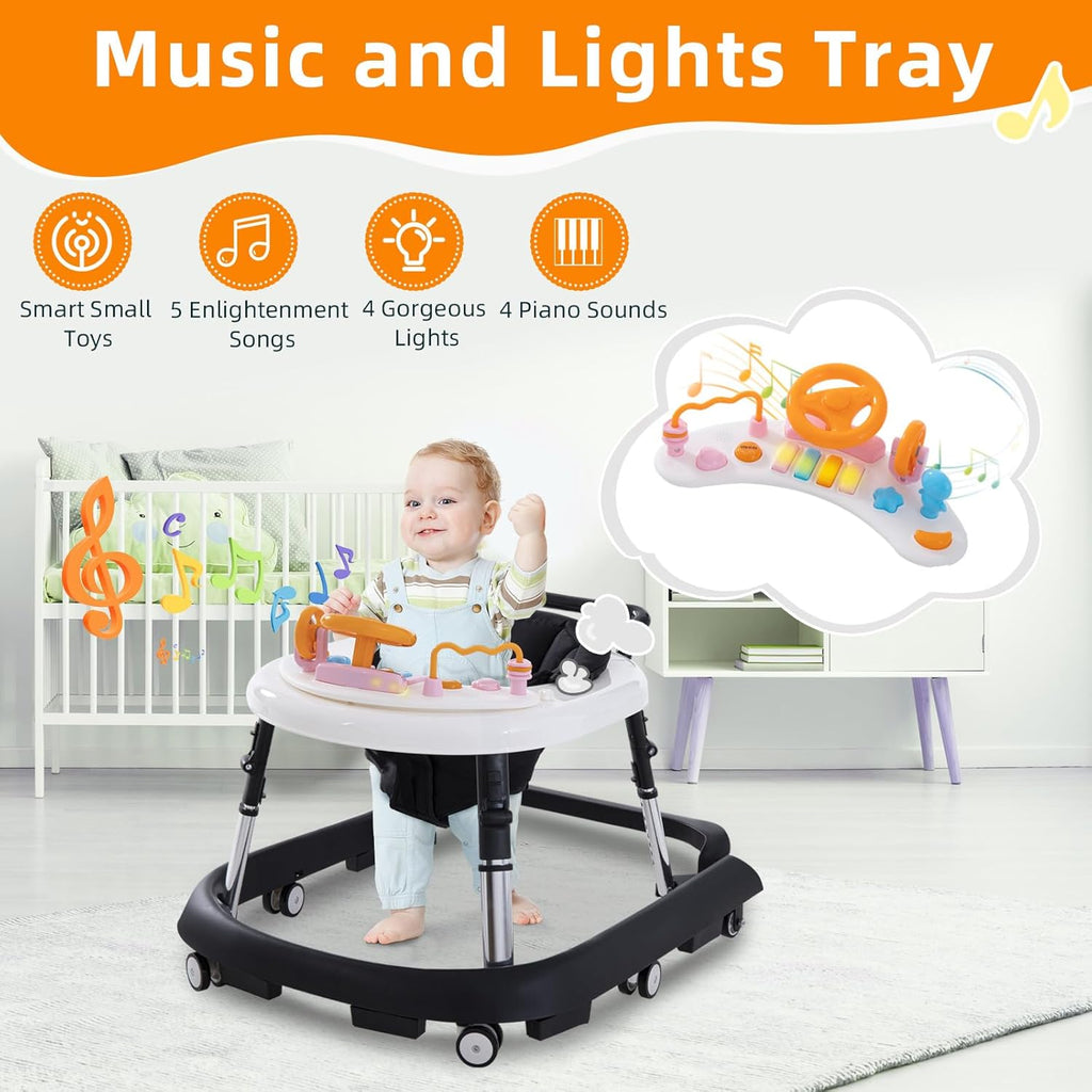 Baby Walker Foldable with Music and Lights,Portable Baby Walker with Wheels,9 Adjustable Heights,Removable Tray&Footrest, Speed Adjustable,Infant Toddler Walker for Baby Boy Girls 6-18 Months