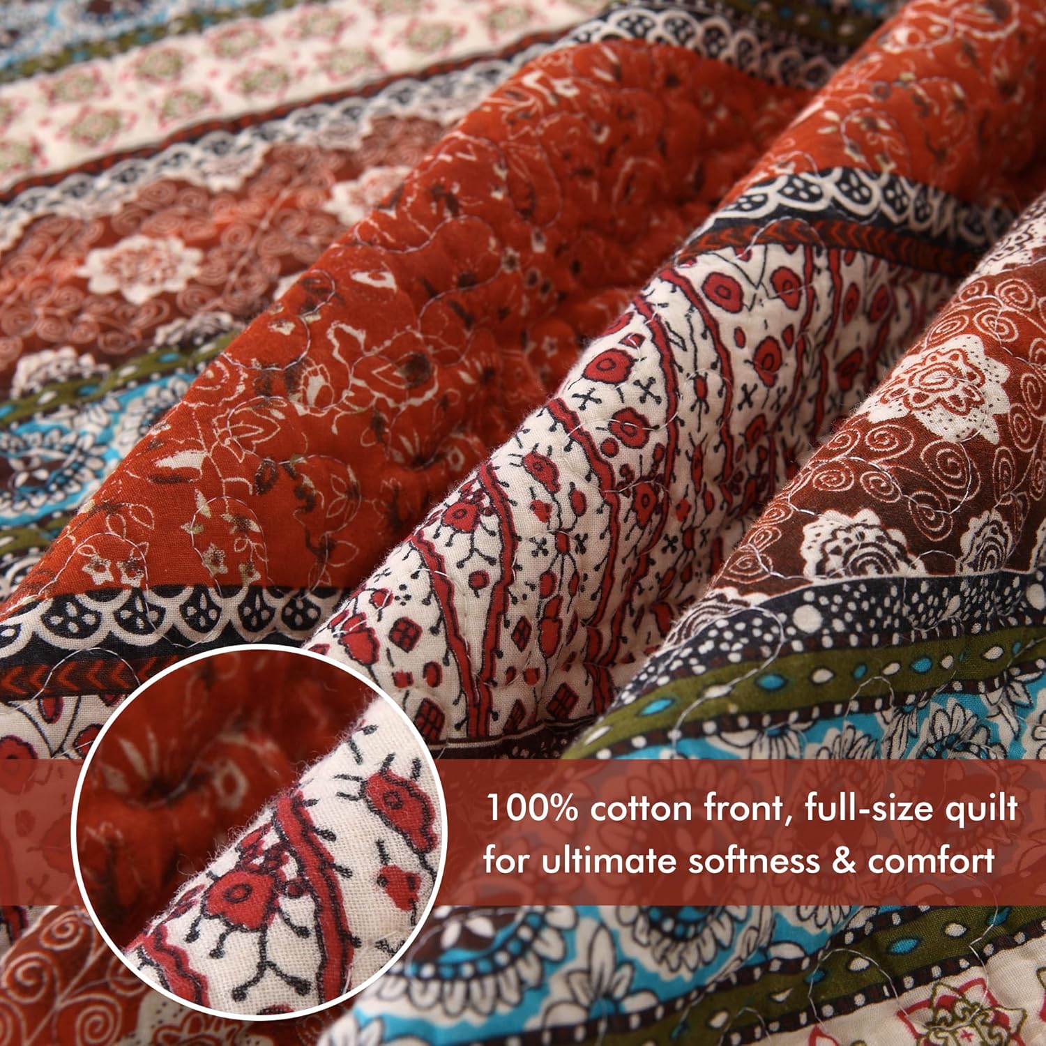 Cotton Bedspread Quilt Sets-Reversible Patchwork Coverlet Set, European Boho Striped Pattern